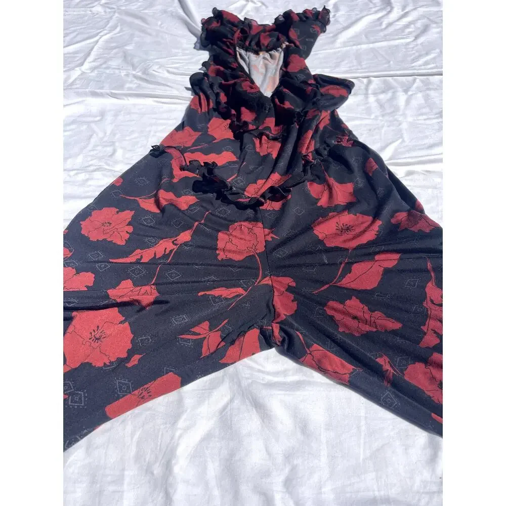 Free People Austyn Red Floral Black Goth Boho Bell Bottom Ruffle Jumpsuit Med